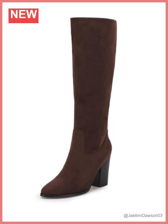 Shoes - Faux Suede Knee High Boots Side Zipper Chunky Heel Stretch Winter Boots
